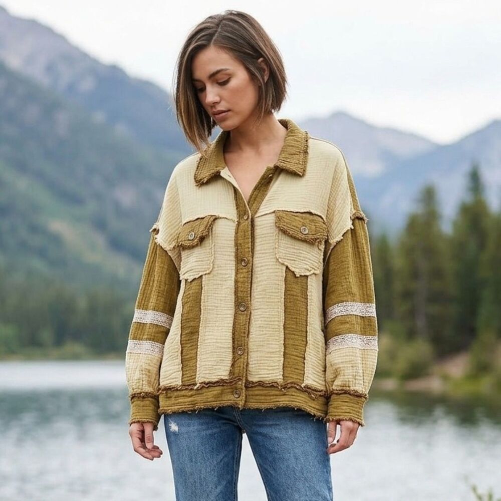 POL Olive Green Patchwork Shacket Top Lace Trim Distressed Raw Hem Extra Large